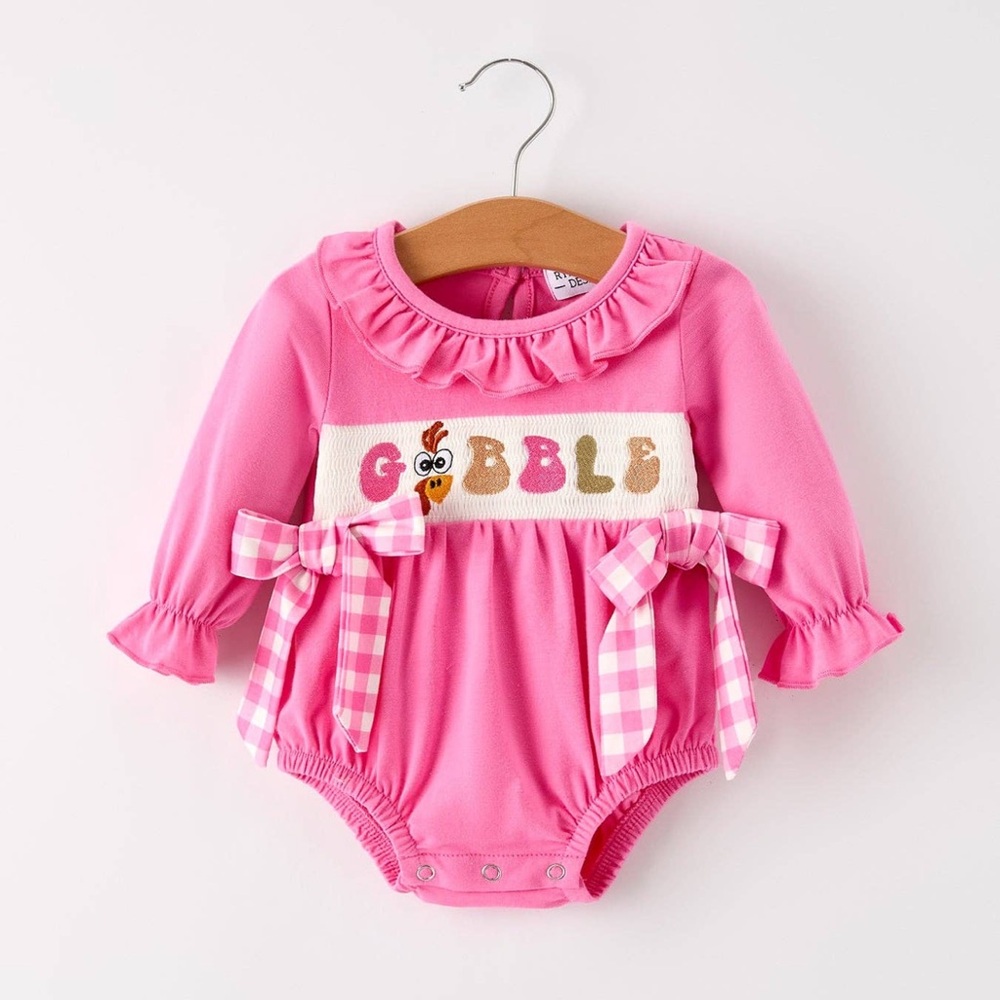 **NWT**Baby Girls Pink Gobble Ruffle Embroidered Romper